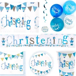 Card Factory Blue Christening Party Tableware & Decoration Bundle - 16 Guests