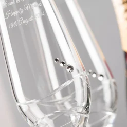 Card Factory Engraved Set Of Two Champagne Flutes Embellished with Crystals - Swirls