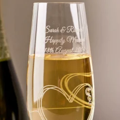 Sale Engraved Set Of Two String of Love Champagne Flutes Embellished with Crystals Personalised Glasses|Glassware