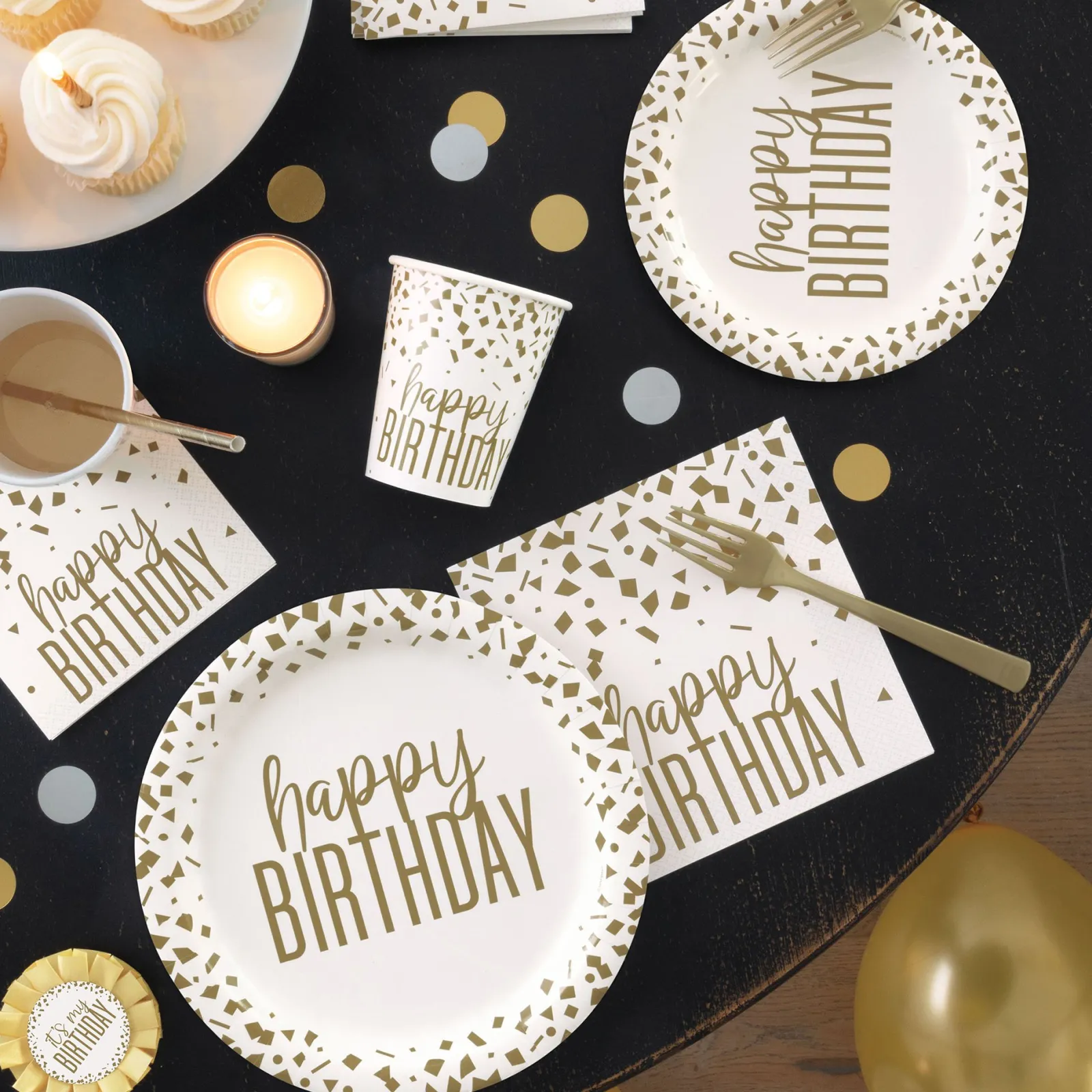 Card Factory Gold Confetti Birthday Party Tableware - 16 Guests