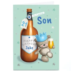 BOY Card Factory Hugs Bear Personalised Birthday Card - Beer Bottle, Son, Editable Age