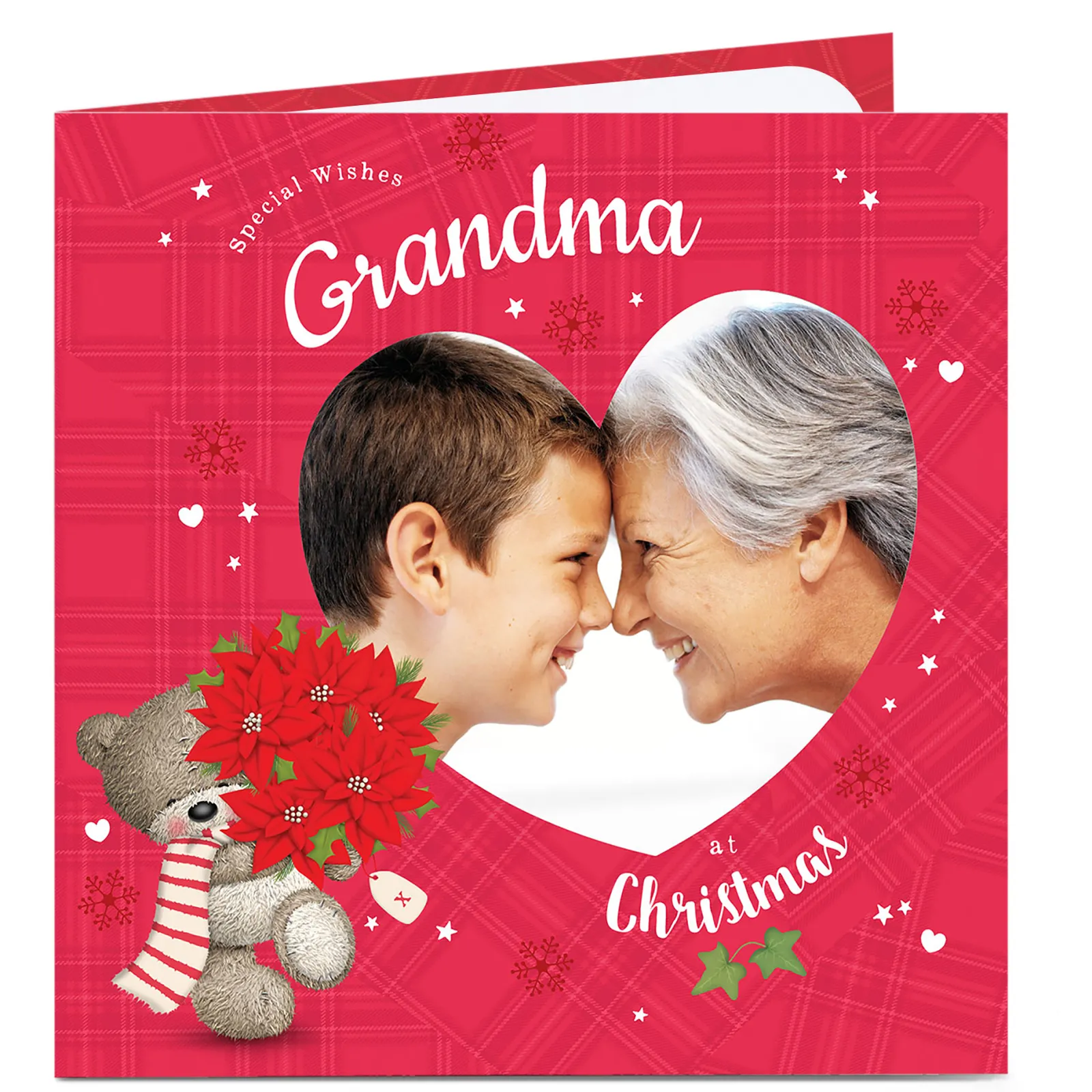 Card Factory Hugs Photo Christmas Card - Red And Hearts