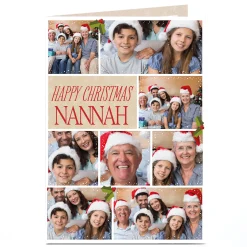 Card Factory Multi Photo Christmas Card - Eight Photos & Holly Berries Nanna