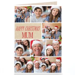 Card Factory Multi Photo Christmas Card - Eight Photos & Holly Berries Mum