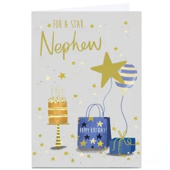 Card Factory Personalised Birthday Card - Blue and Gold Birthday For a Star, Nephew