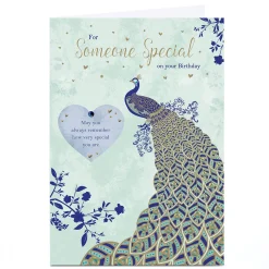 Card Factory Personalised Birthday Card - Turqoise Peacock Feathers, Someone Special