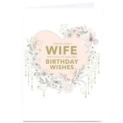 Card Factory Personalised Birthday Card - Art Deco Floral Edge Heart, Wife