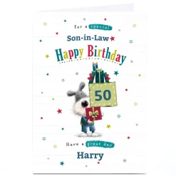 Hot Personalised Birthday Card - Dog with Presents, Son-in-Law, Editable Age BOY For Son|For Dad