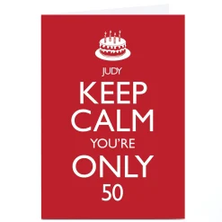 Card Factory Personalised Birthday Card - Red Keep Calm, Editable Age