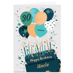 BOY Card Factory Personalised Birthday Card - Balloons & Cake, Editable Age & Recipient