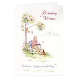 Card Factory Personalised Birthday Card - Lady Reading Peaceful Garden