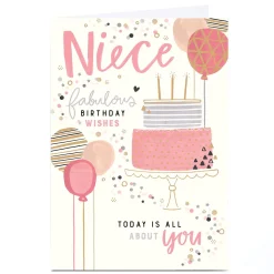 Card Factory Personalised Birthday Card - Fabulous Pink Cake and Balloons, Niece