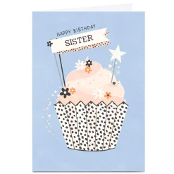 Kids Card Factory Personalised Birthday Card - Stars and Flowers Cupcake, Sister