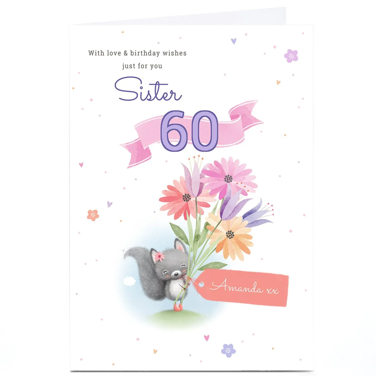 Card Factory Personalised Birthday Card - Squirrel with Flowers Sister, Editable Age