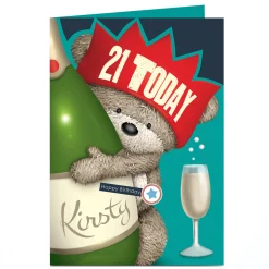 Card Factory Personalised Birthday Card - Hugs Bear & Champagne, Editable Age & Recipient