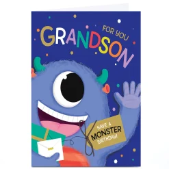 Kids Card Factory Personalised Birthday Card - Blue Monster, Grandson