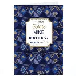 Discount Personalised Birthday Card - Blue & Gold Pattern, Fiance Birthday|For Him