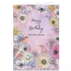Best Personalised Birthday Card - Purples and Pinks Flowers and Birds For Sister|For Niece