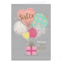 Card Factory Personalised Birthday Card - Sparkle Confetti Balloons and Present, Sister