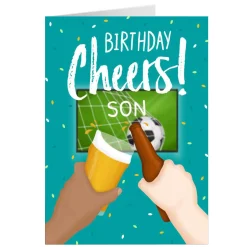 Card Factory Personalised Birthday Card - Cheers Footie & Beer, Son