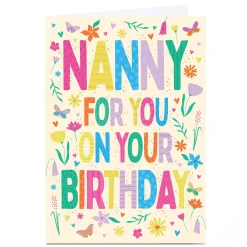 Card Factory Personalised Birthday Card - Bright Letters and Flowers, Nanny