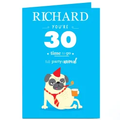 BOY Card Factory Personalised Birthday Card - Party Pug, Editable Age