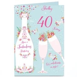 Card Factory Personalised Birthday Card - Champagne, Flutes & Flowers, Editable Age