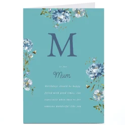 Card Factory Personalised Birthday Card - Blue Floral M is for Mum
