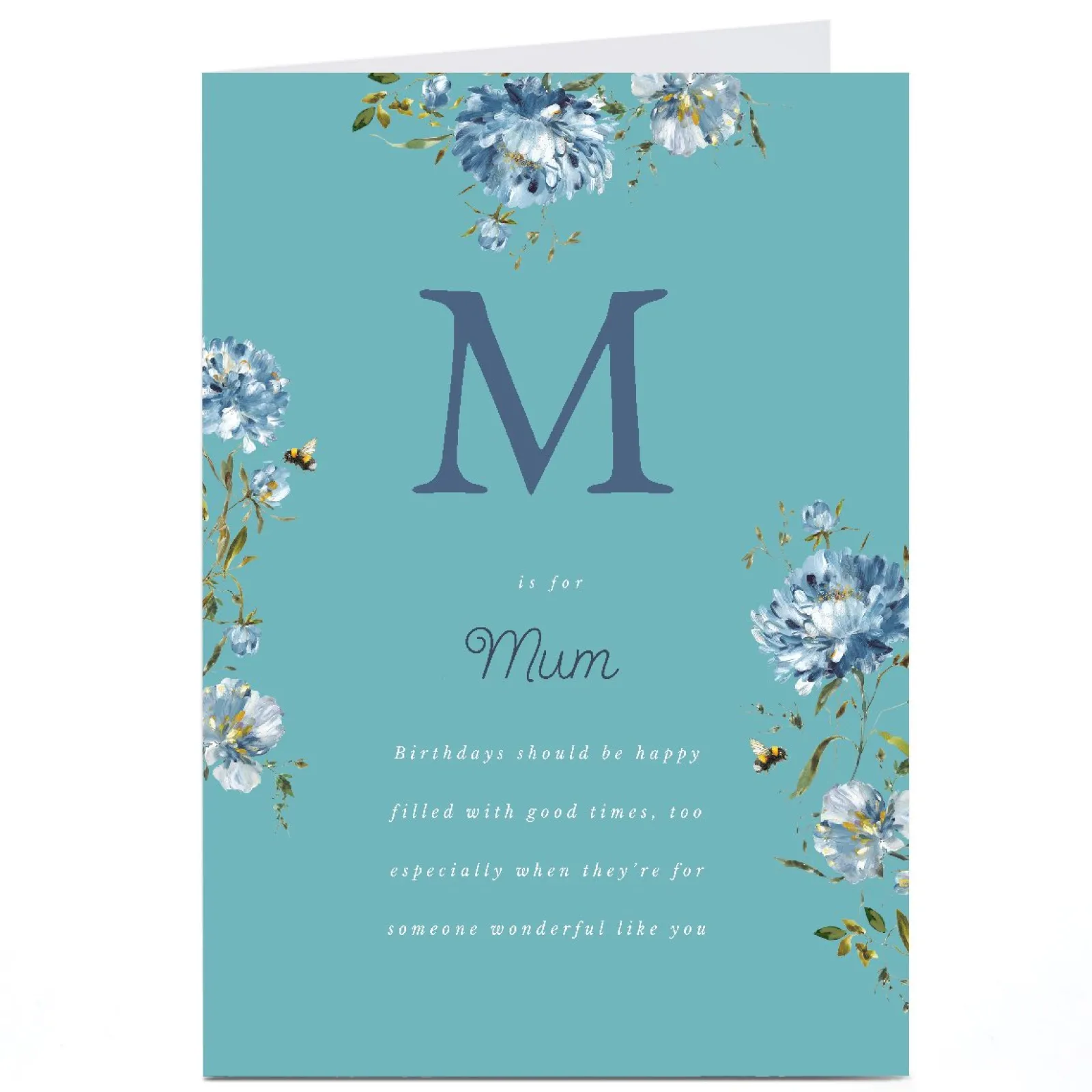 Card Factory Personalised Birthday Card - Blue Floral M is for Mum
