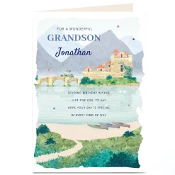 Card Factory Personalised Birthday Card - Castle on a Lake, Any Name