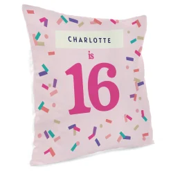 Kids Card Factory Personalised Birthday Cushion - Pink Confetti, Editable Age & Recipient