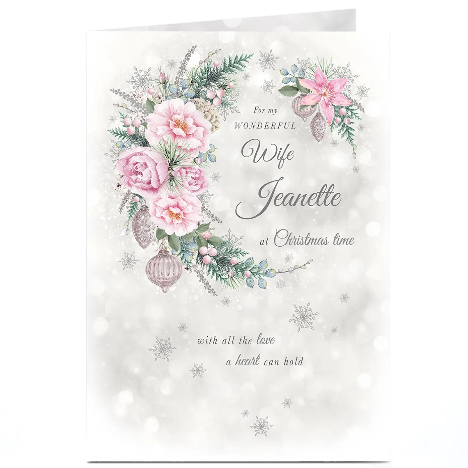 Sale Personalised Christmas Card - Wonderful Wife, Grey, Pink Flowers Christmas