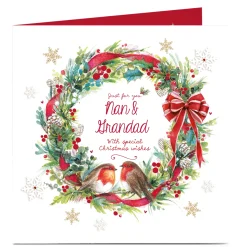 Sale Personalised Christmas Card - Robin Wreath Nan and Grandad Premium Square|Christmas