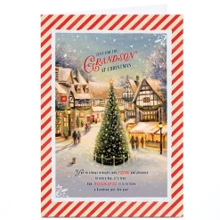 Best Personalised Christmas Card - Tree in Village Scene, Grandson Christmas