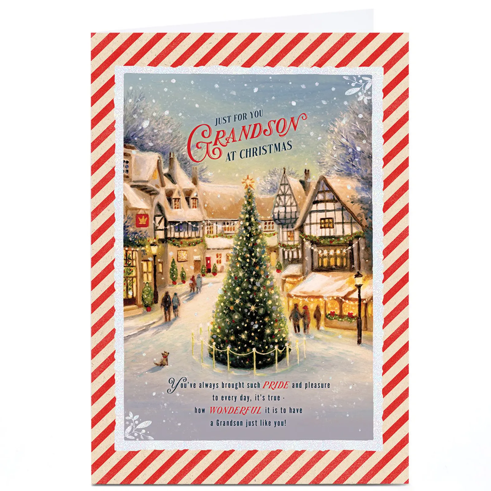 Best Personalised Christmas Card - Tree in Village Scene, Grandson Christmas