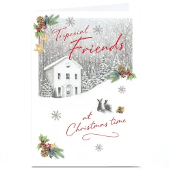Sale Personalised Christmas Card - House in Woods with Rabbits, Friends Christmas