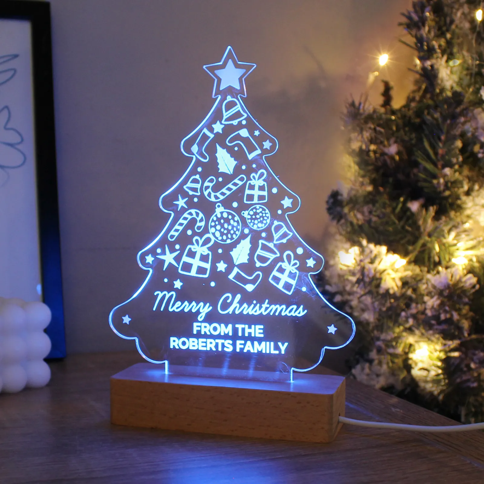 Card Factory Personalised Christmas Tree Wooden Based LED Light