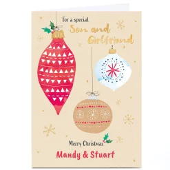 Sale Personalised Cory Reid Christmas Card - Hanging Baubles, Son and Girlfriend Christmas