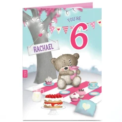 Hot Personalised Editable Age Birthday Card - Hugs Bear Pink Picnic Kids For Sister|For Niece