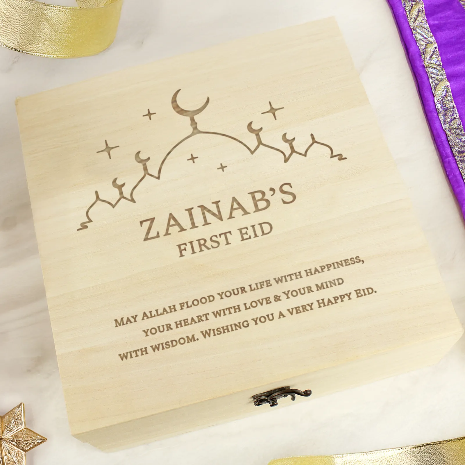 New Personalised Eid & Ramadan Large Wooden Keepsake Box Jewellery & Keepsakes|Gifts For Babies