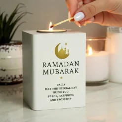 New Personalised Eid & Ramadan White Wooden Tea Light Holder Gifts For Couples|Gifts For Him