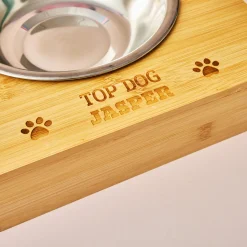 Card Factory Personalised Engraved Large Bamboo Pet Bowl - Paw Print Name and Message