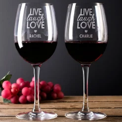 Card Factory Personalised Engraved Set Of 2 Wine Glasses|Glassware - Live Laugh Love