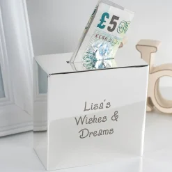 New Personalised Engraved Silver Plated Square Money Box - Any Message Kids Personalised Jewellery And Keepsakes|Personalised Engraved Gifts