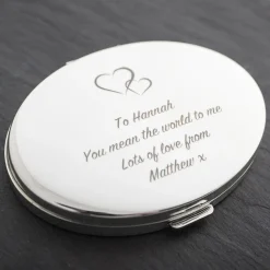 Discount Personalised Engraved Silver Oval Compact Mirror With Hearts Personalised Jewellery And Keepsakes|Personalised Engraved Gifts