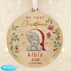 Kids Card Factory Personalised First Christmas Tiny Tatty Teddy Wooden Decoration