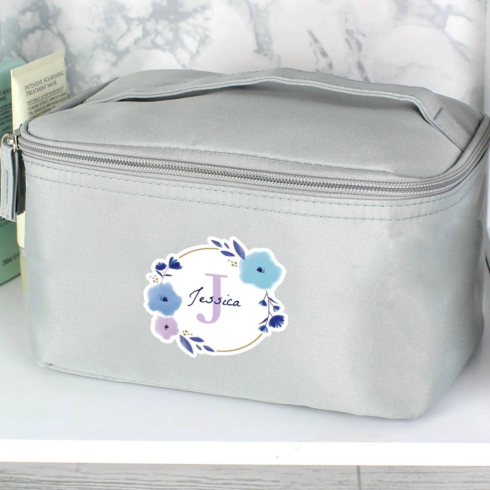 Card Factory Personalised Floral Initial Grey Make Up Case