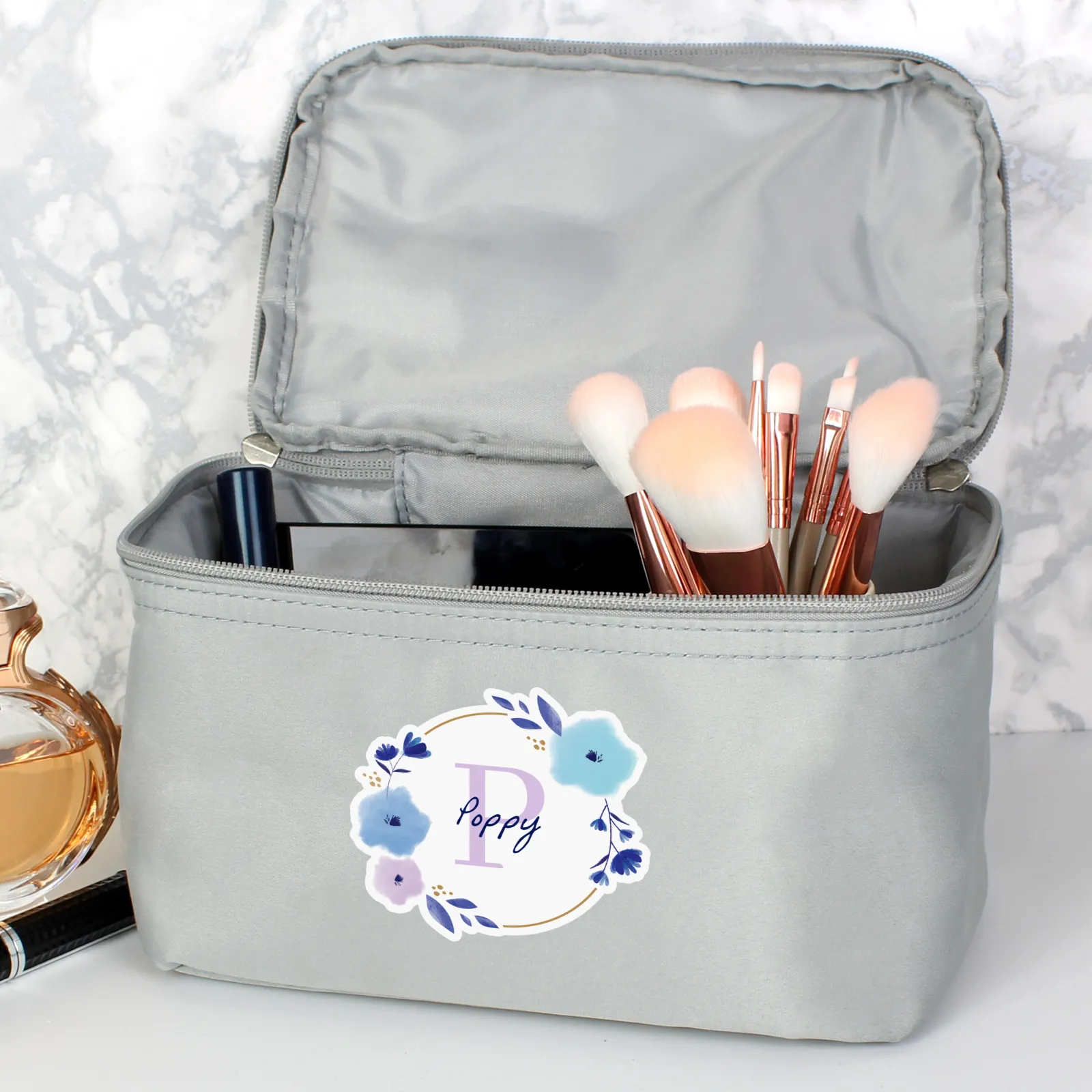 Card Factory Personalised Floral Initial Grey Make Up Case
