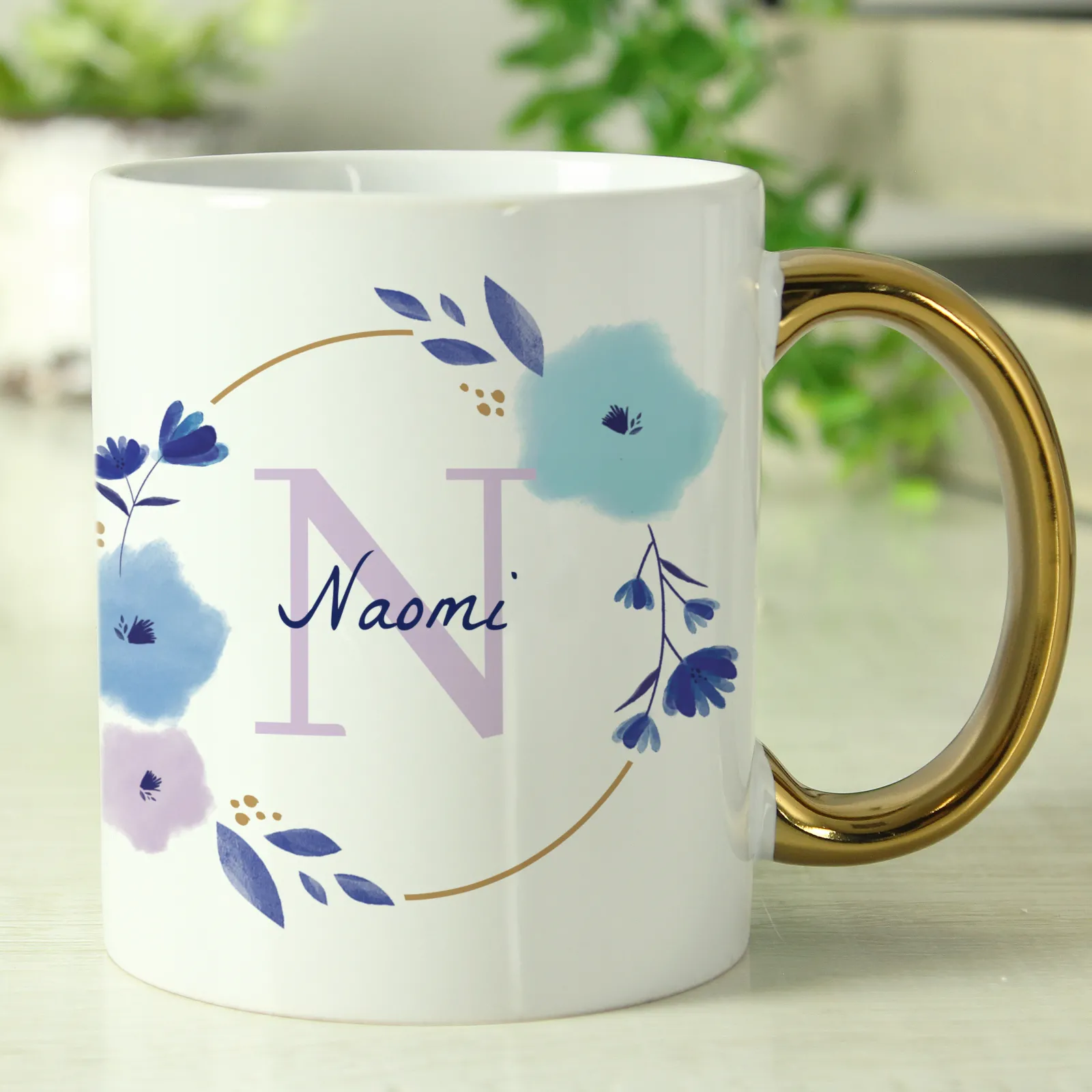 Online Personalised Floral Initial Gold Handled Mug Personalised Mugs|Mugs
