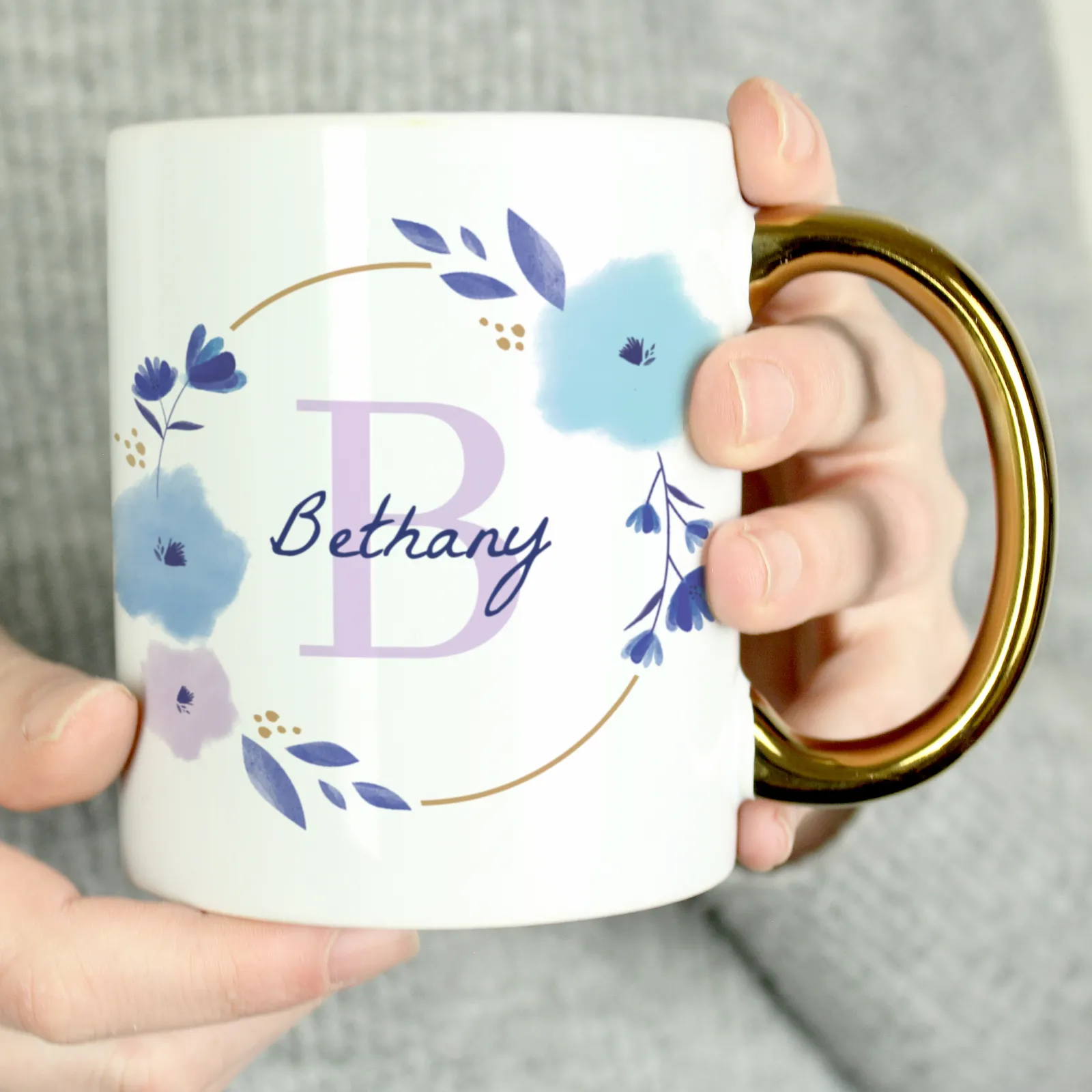 Online Personalised Floral Initial Gold Handled Mug Personalised Mugs|Mugs